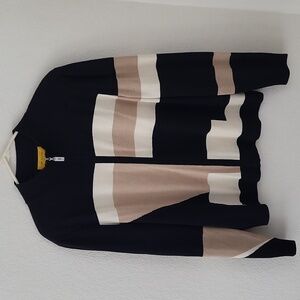 St. John Wool Blend Color Block Tan White Black Zip Up Mockneck Cardigan Sz XL